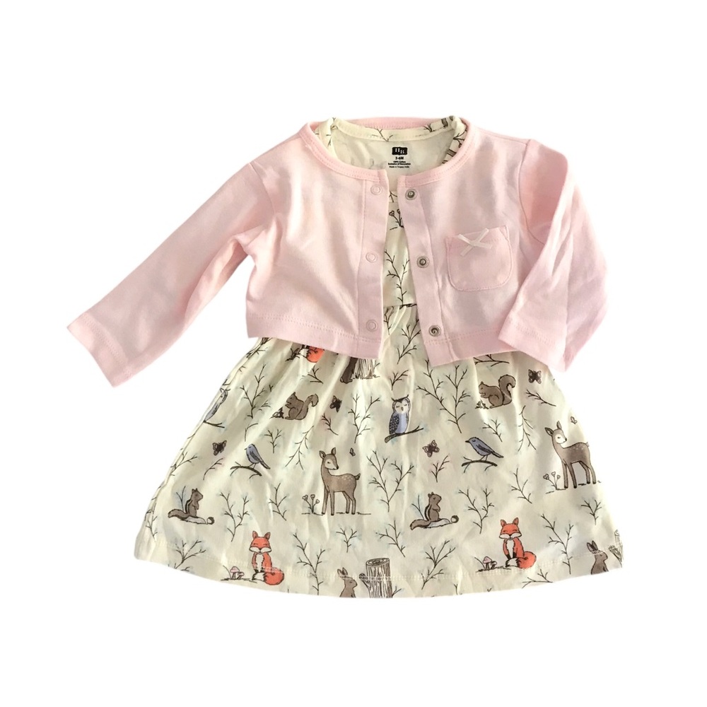 🆕 Baby Girl Organic Woodland Animals Dress Set